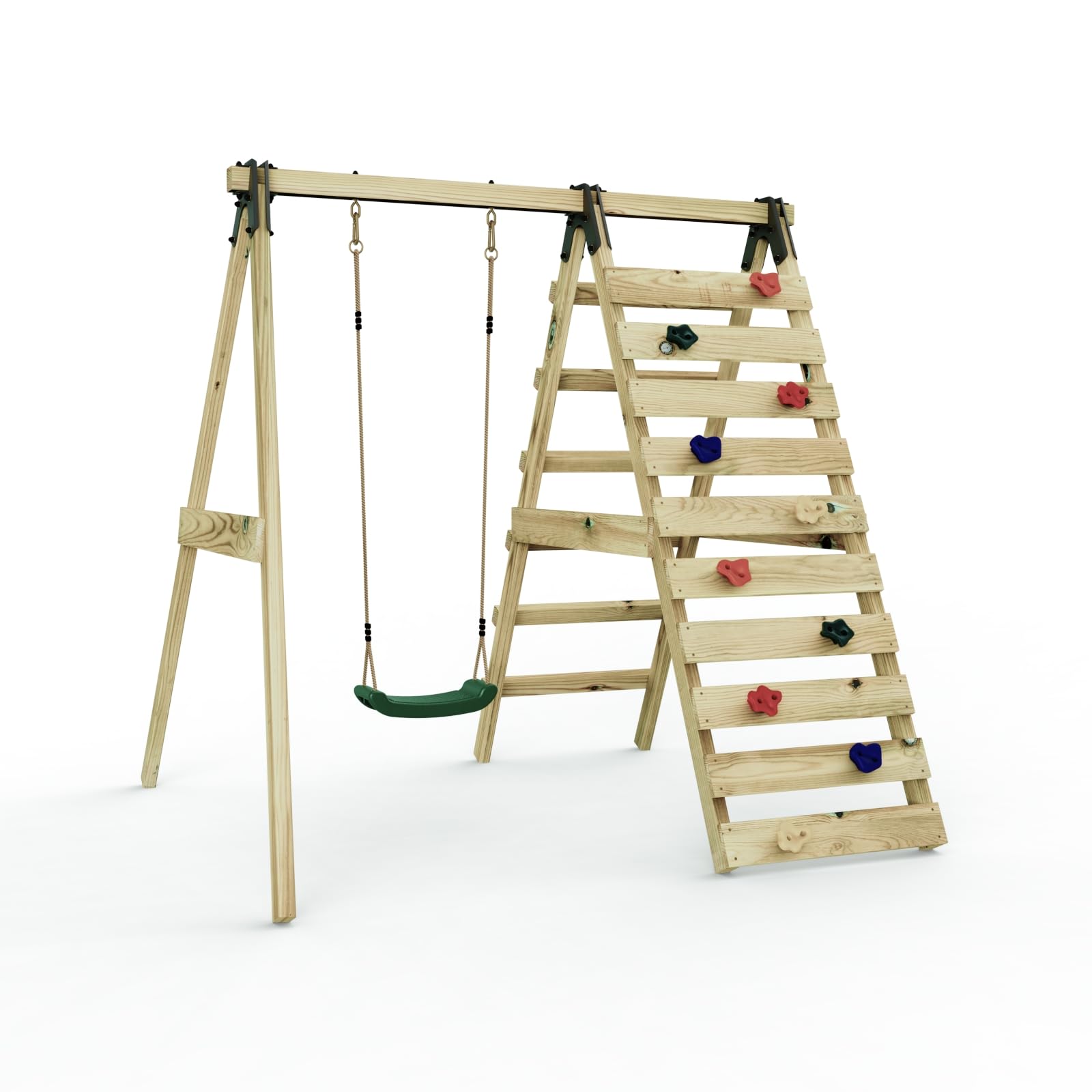 Rebo Glide Wooden Single Swing Set With Climbing Wall And Swing SeatLavender (Dark Green Swing) from B&Q