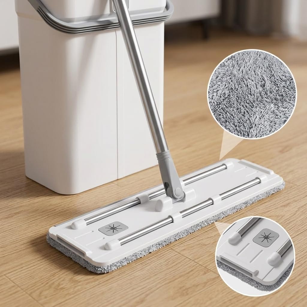 Kit Serpillère Balai Plat Microfibre et Seau Essoreur Mains Libres pour Nettoyage Sols Carrelage, Parquet, Marbre, 40cm