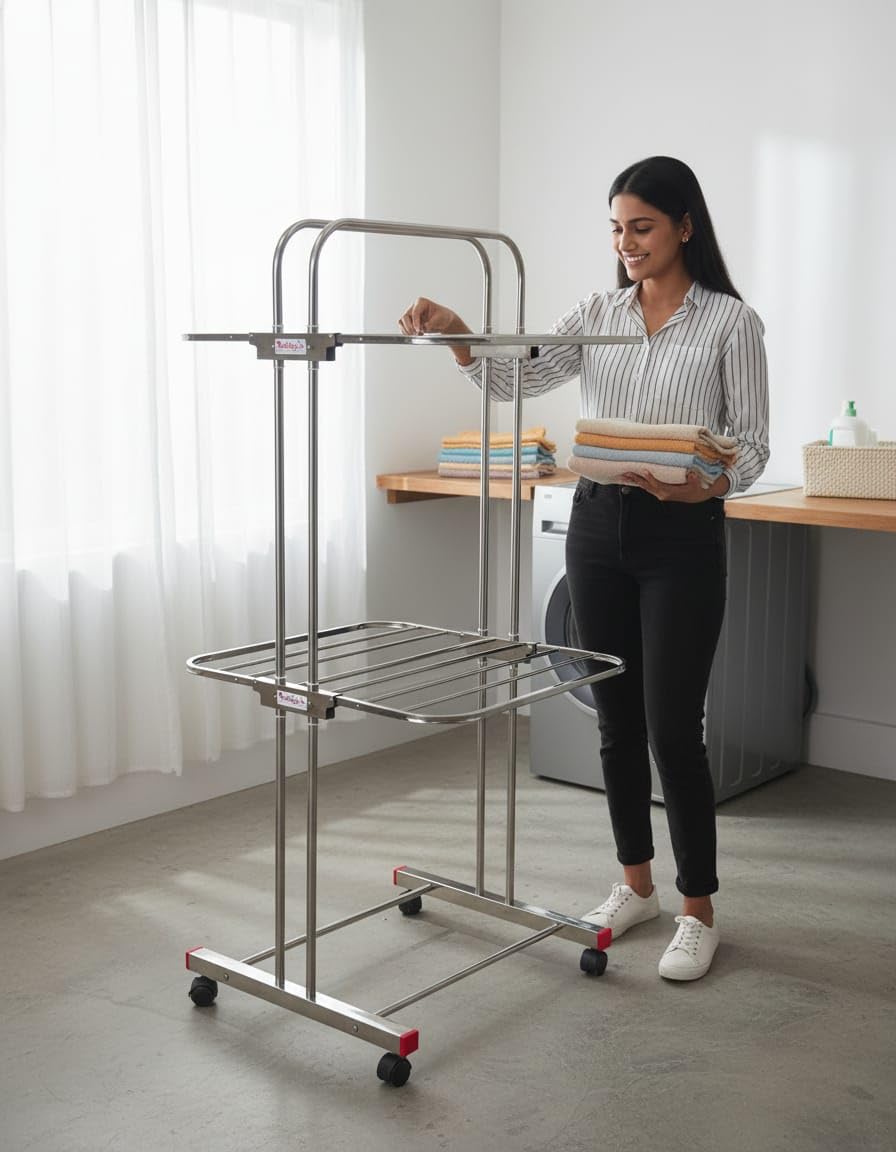 Steel 3 Tier | Heavy Duty Cloth Stand for Drying Clothes Foldable | Full Stainless Steel Cloth Dryer Stand | 6 Folding Wings, Easy Assembly, Large Drying Area, Space Saving (Small)-image-32