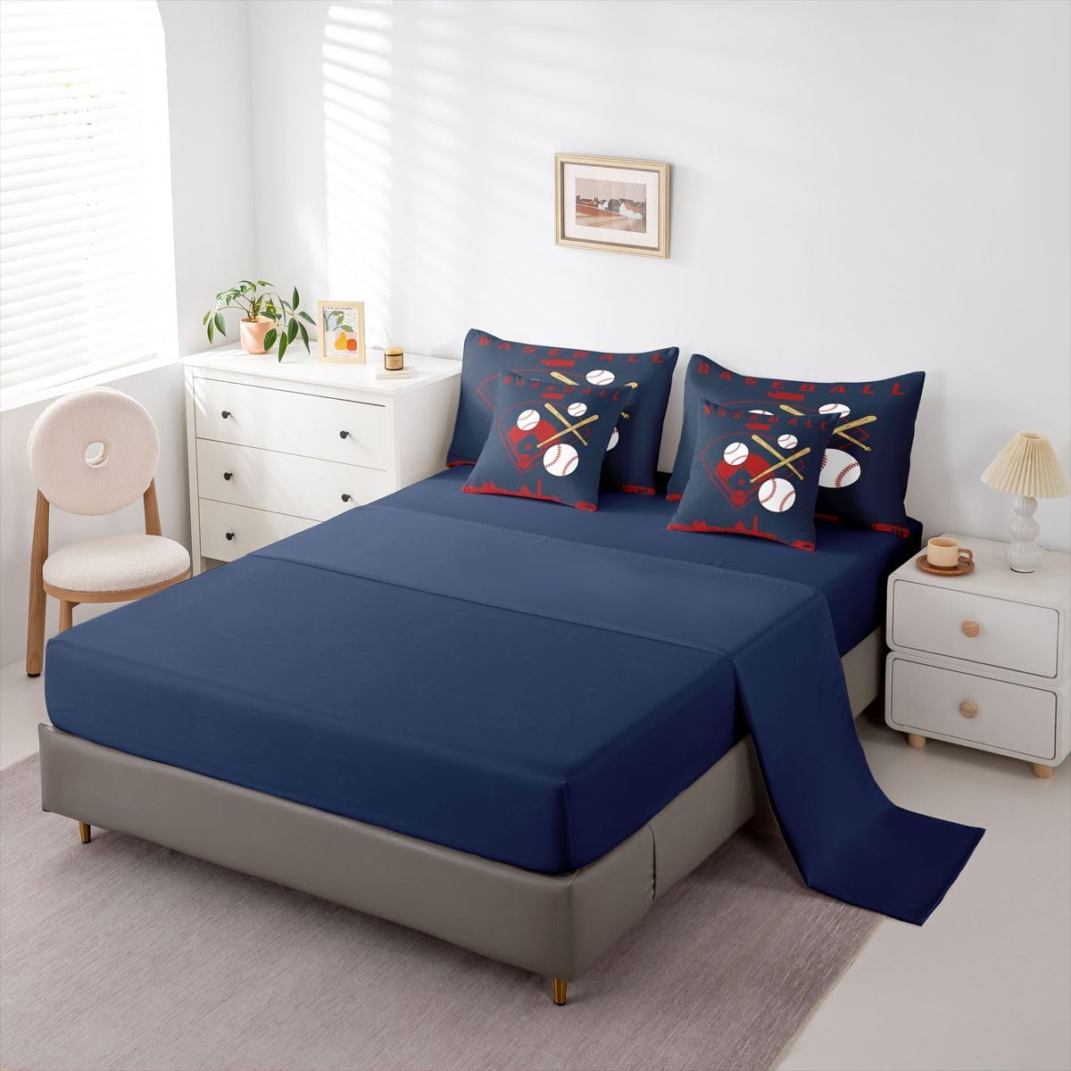 Erosebridal Kids Baseball Comforter Set with Sheets Queen Size Navy Blue 7 Piece Bedding Set Softball City Bed in A Bag for Boys Teens Adult Bedroom Ball Sports Games Bed Sets