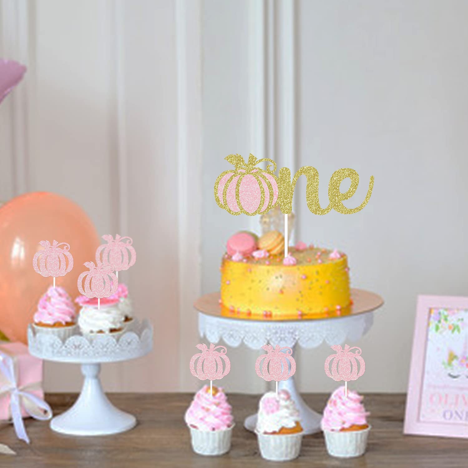 Gold Glittery Pumpkin One Cake Topper and 24Pcs Glittery Pumpkin Cupcake Toppers,Baby Shower Cupcake Toppers Girl,Pumpkin Birthday Decorations Girl,Pumpkin Cupcake Toppers,Fall Theme 1st Birthday Pumpkin Decorations
