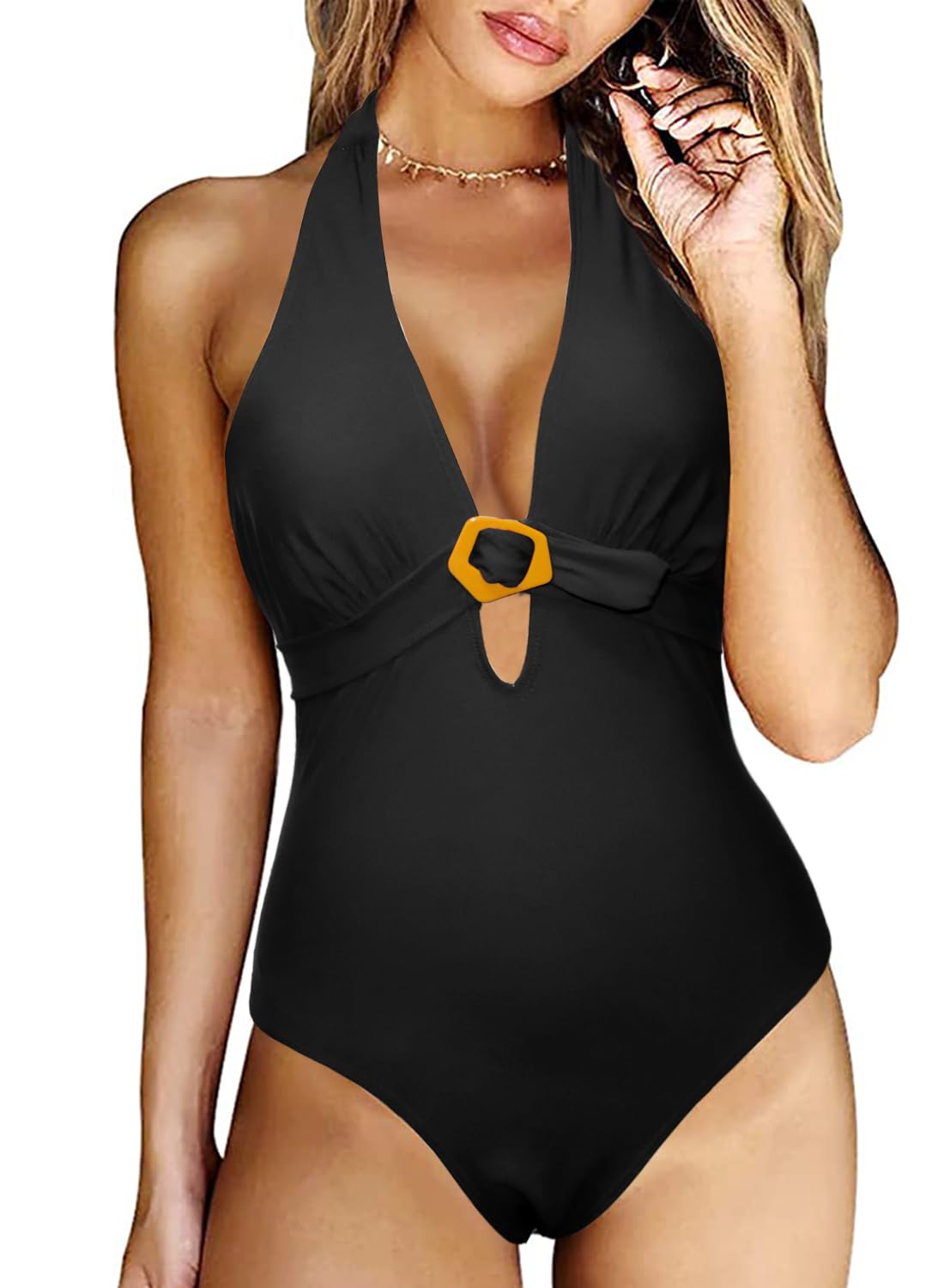 Rayson Traje de Baño Mujer Una Pieza Escote en V Profundo Bañador Correas Espaguetis Ajustables Swimsuit Control de Barriga