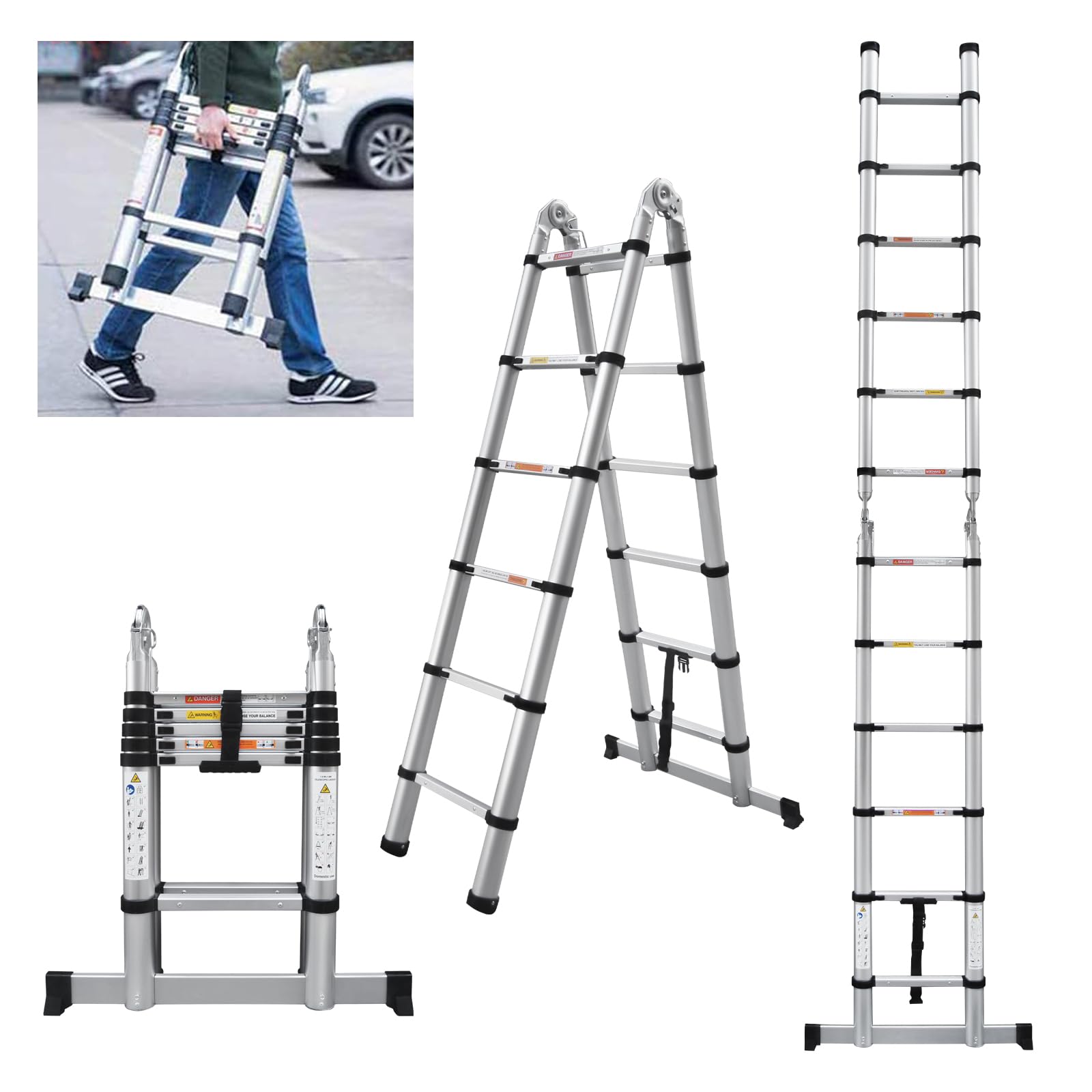 3.8m Telescopic Ladders with Stabiliser, 1.9m+1.9m A Frame Telescopic Multi Purpose Aluminium Combination Step Ladder, Extension Ladders Extendable Folding Garden Loft Ladder for Window,EN131