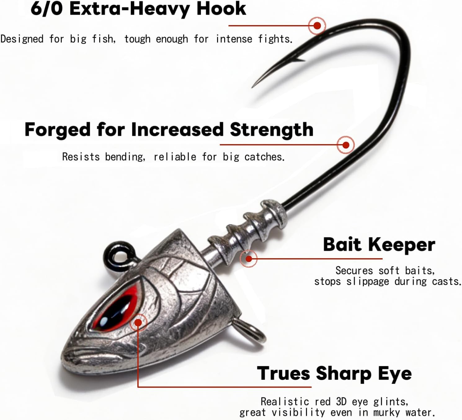 Saltwater Jig Heads 10 Pack, 3D Red Eyes with Bait Keeper & Belly Trailer Hole, 3/4oz to 1-3/4oz, 6/0 & 8/0 Hooks for Inshore Offshore Saltwater Fishing
