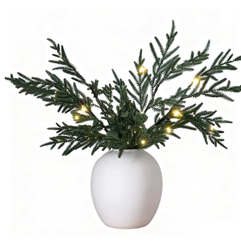 Seymal 12Pcs Norfolk Pine Branches For Vases, Lighted Norfolk Pine Stems, Prelit Branches With Warm Lights For Holiday Greenery, Christmas Centerpiece, Garland, Wreath Or Indoor Home Decor