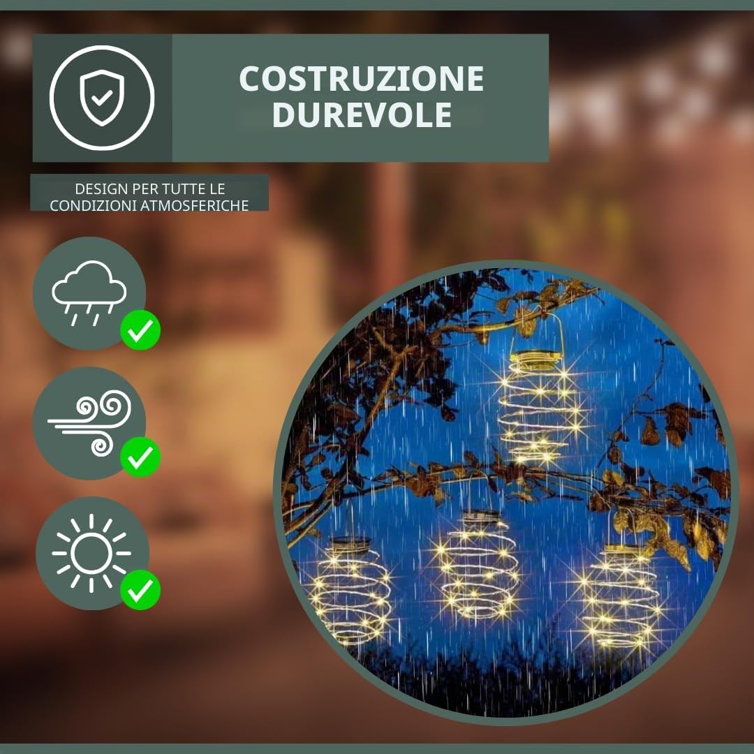 Garden Mile 4x Luci LED Solari a Spirale Illuminazione per Esterni Set di 4 Lanterne da Appendere per Giardino Luci Bianche Calde Luci a Spirale in Rame da Appendere Decorazione Autunnale per Esterni
