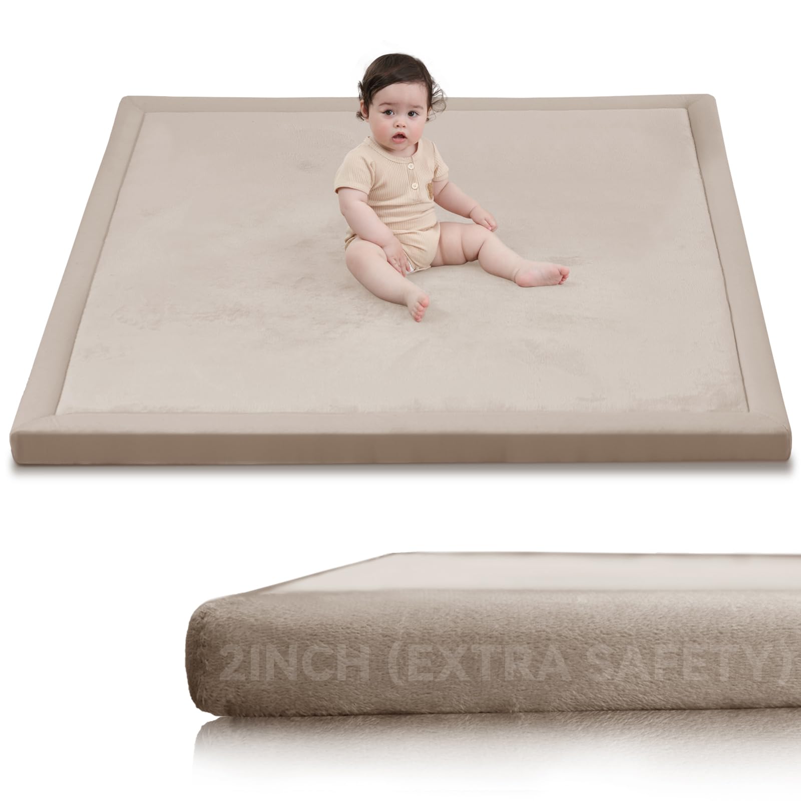 Huloo Sleep 2" Thick Extra Safety Baby Play Mat for Floor,Ultra Soft Elasti-Foam 50x50 Playpen Mat for Toddlers Infant Kids,Non-Slip Backing Safe for Crawling&Tummy Time,Tatami Style (Beige) — image 1