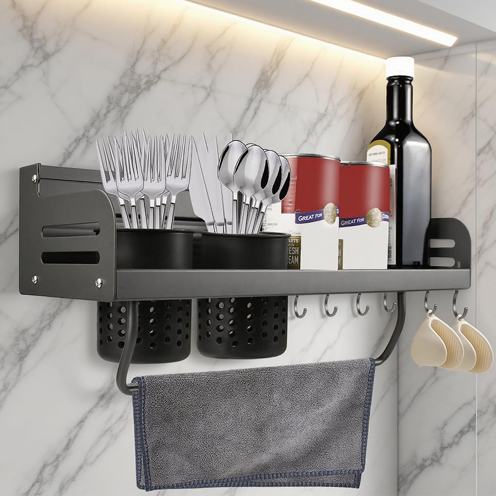 Porta Spezie per Cucina da Parete Senza Foratura, Porta Spezie da Parete Senza Buchi, Organizer Portautensili Cucina con Portasciugamani, Portaposate, per Coltelli e Gancio Portaoggetti
