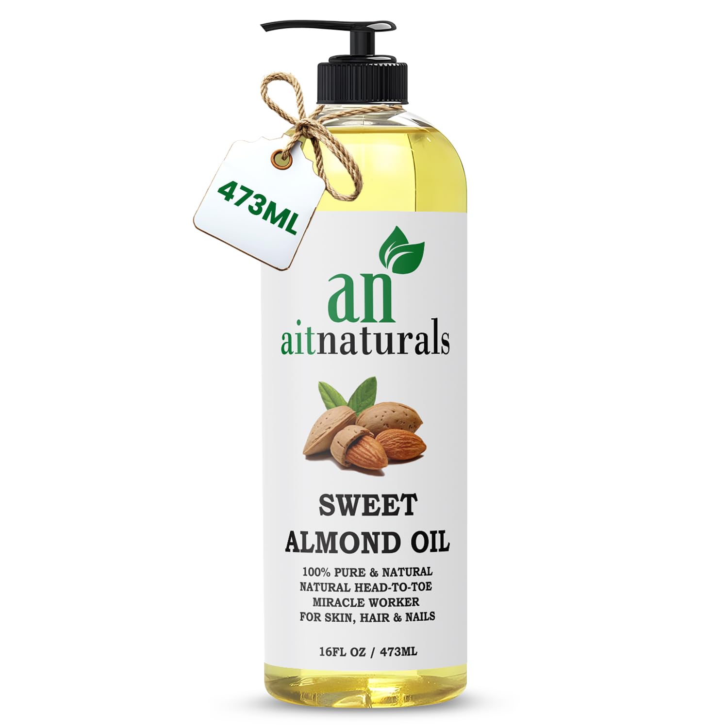 Aitnaturals Organic Sweet Almond Oil - 473ml | 100% Pure, Cold-Pressed | Ideal for Hair Growth, Nails, Glowing Skin and Face | Vitamin E Carrier Oil for Moisturizing, Facial Polish and Body Massages