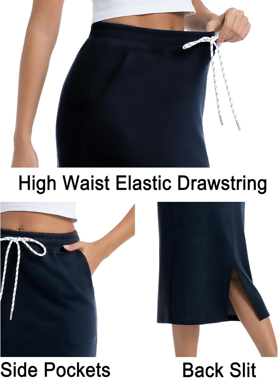Women's Casual High Waist Elastic Drawstring Stretch Sweat Slit Midi Skirt with Pocket - Image 5