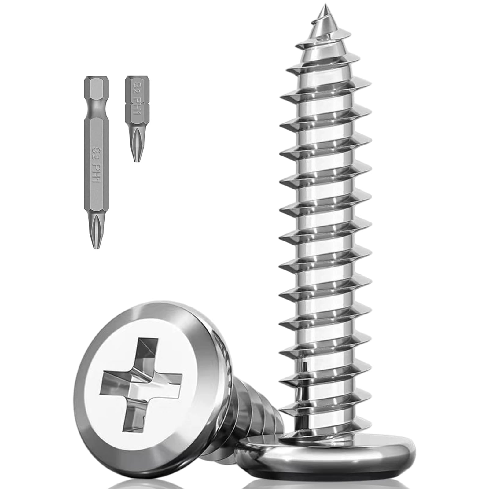 40Pcs M5 x 45mm Flat Head Self-Tapping Screws, 304 Stainless Steel Phillips Drive Fastener Screws, Cross Drive Self Drilling Screws 2 Bits for Wood, Furniture and DIY Projects