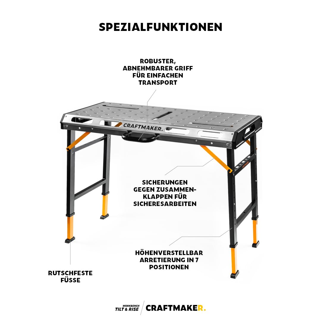 CRAFTMAKER SteelBench S110 Werkbank, Klappbare Multifunktionstisch mit Hoher Tragfähigkeit von 450kg, Höhenverstellbare Werkbank, Stahlkonstruktion
