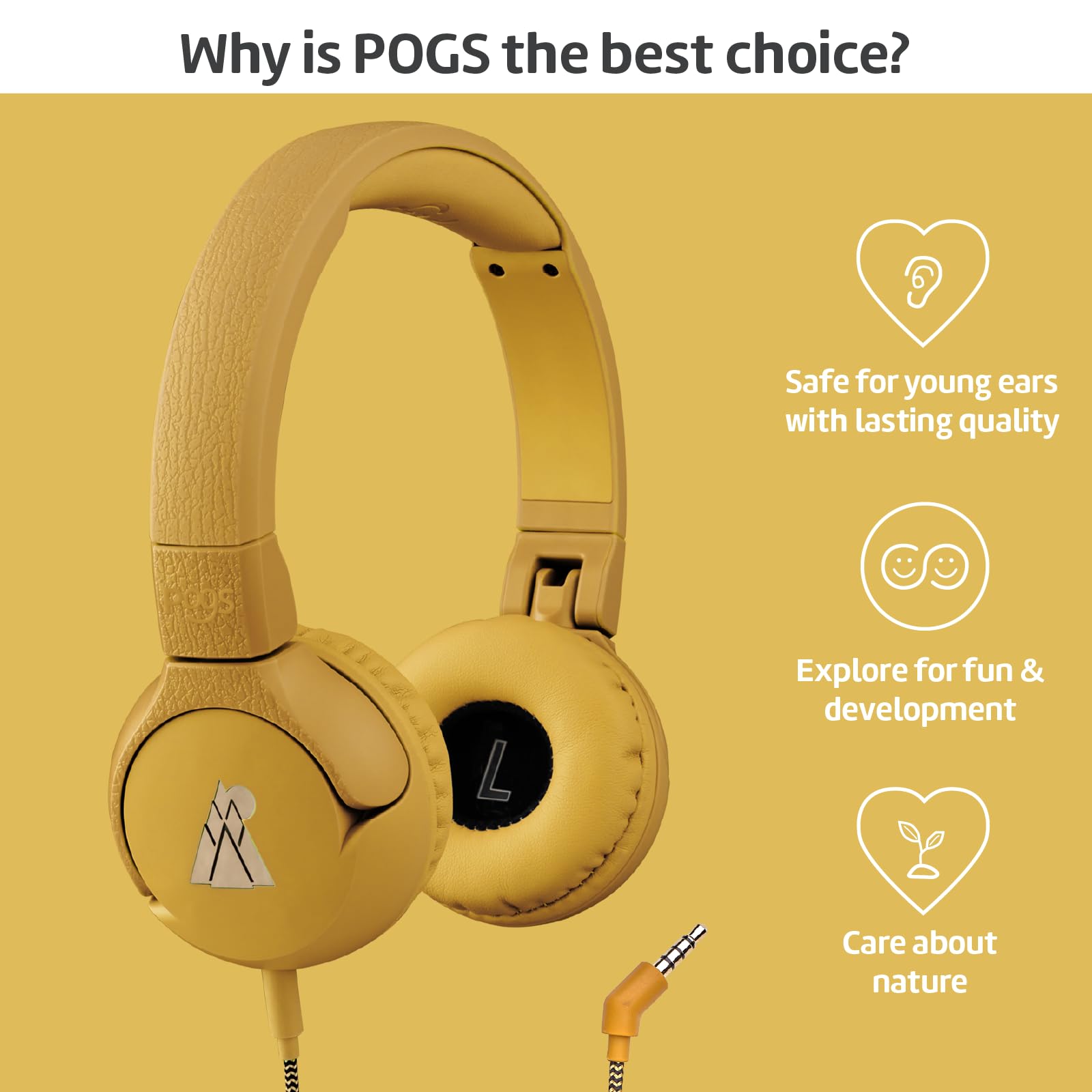 POGS The Elephant 2 - Cuffie con filo, pieghevoli, resistenti, per bambini dai 3 anni in su, volume limitato 85 dB, microfono, funzione di condivisione musica, cavo audio sicuro da 3,5 mm (giallo)