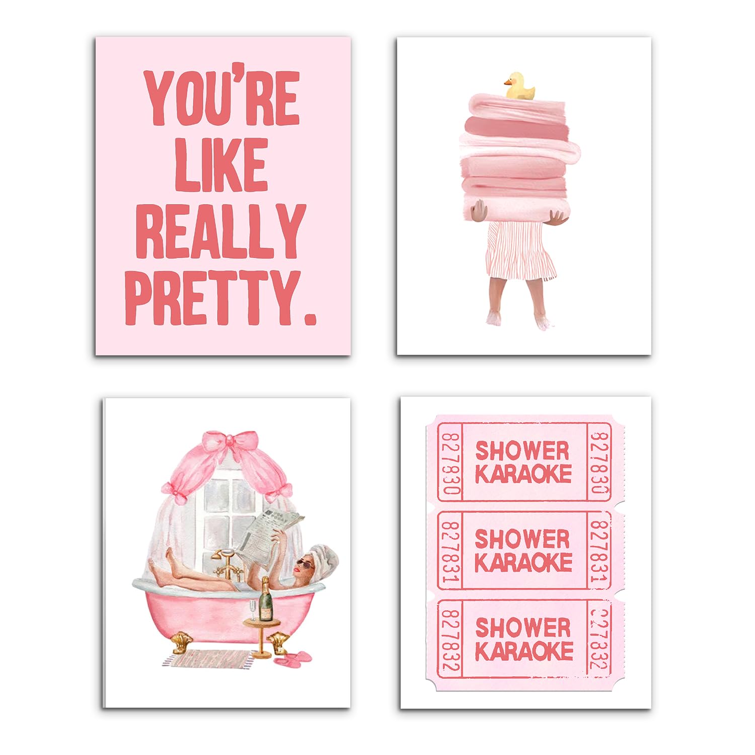 VIIJJUE Pink Bathroom Wall Decor, Preppy Girly Posters Wall Art Decor for Girls Bathroom Washroom Restroom, Pink Retro Shower Karaoke Girly Wall Art