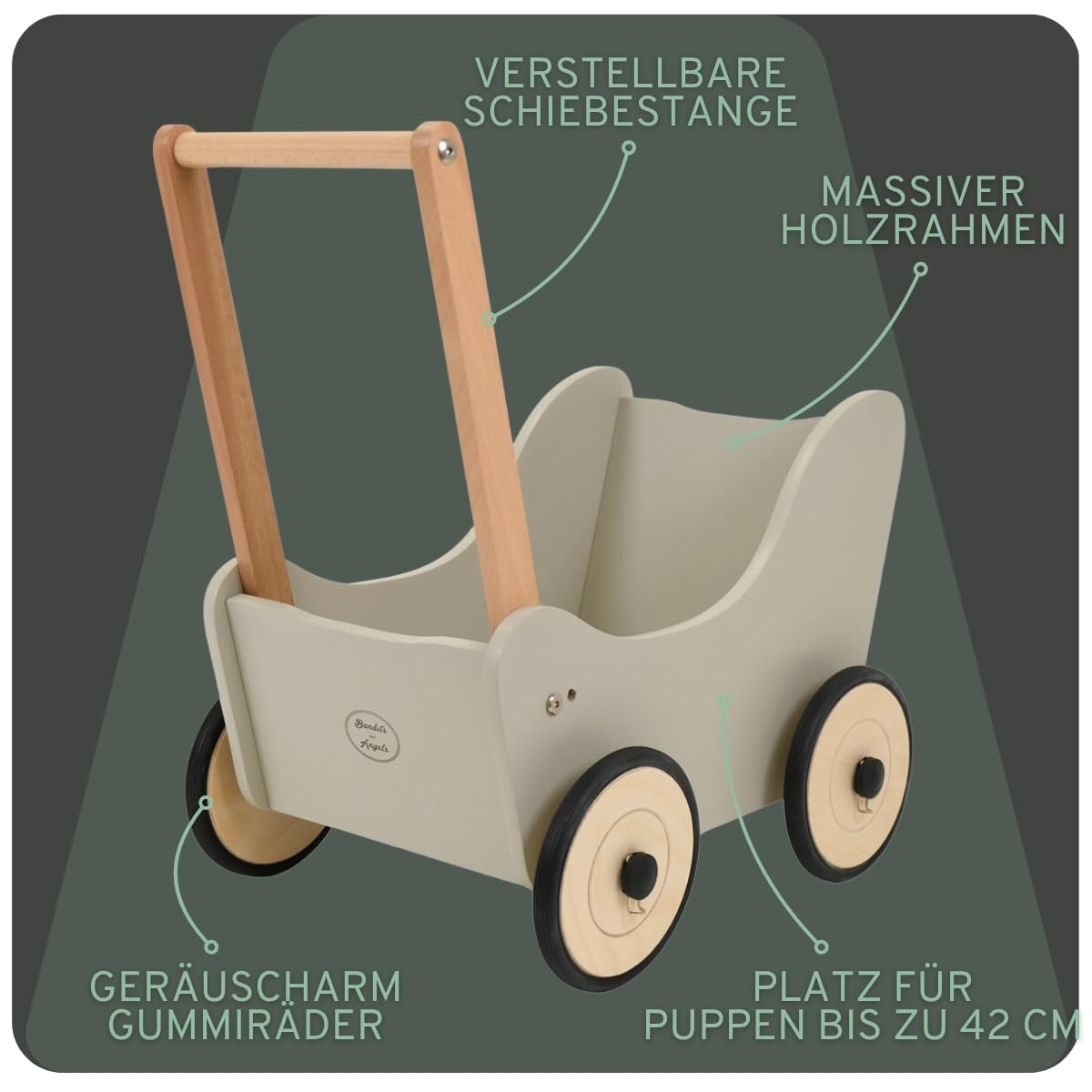 Bandits & Angels Puppenwagen Little Angel ab 1 Jahr - Puppenwagen aus Holz - Für Mädchen - Für Puppen bis 42 cm - Gummiräder (Olive Green)