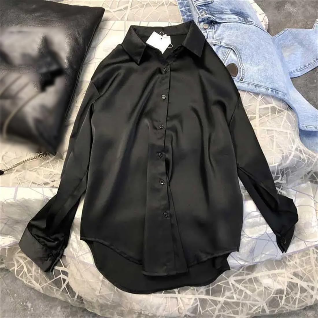 Printemps Et Automne Mode Bouton Satin Soie Chemise Rétro Chemise Haut Blanc À Manches Longues Chemise De Rue Ample Grande Taille