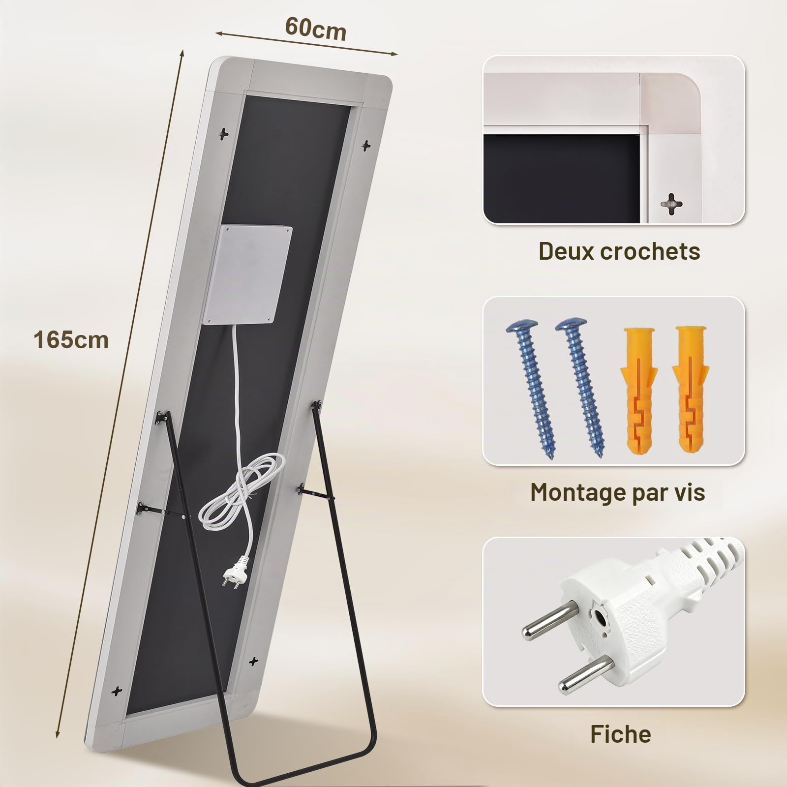 Miroir Pleine Longueur 164 x 60 cm avec éclairage LED, Verre de sécurité, Variateur d'intensité, Miroir sur Pied