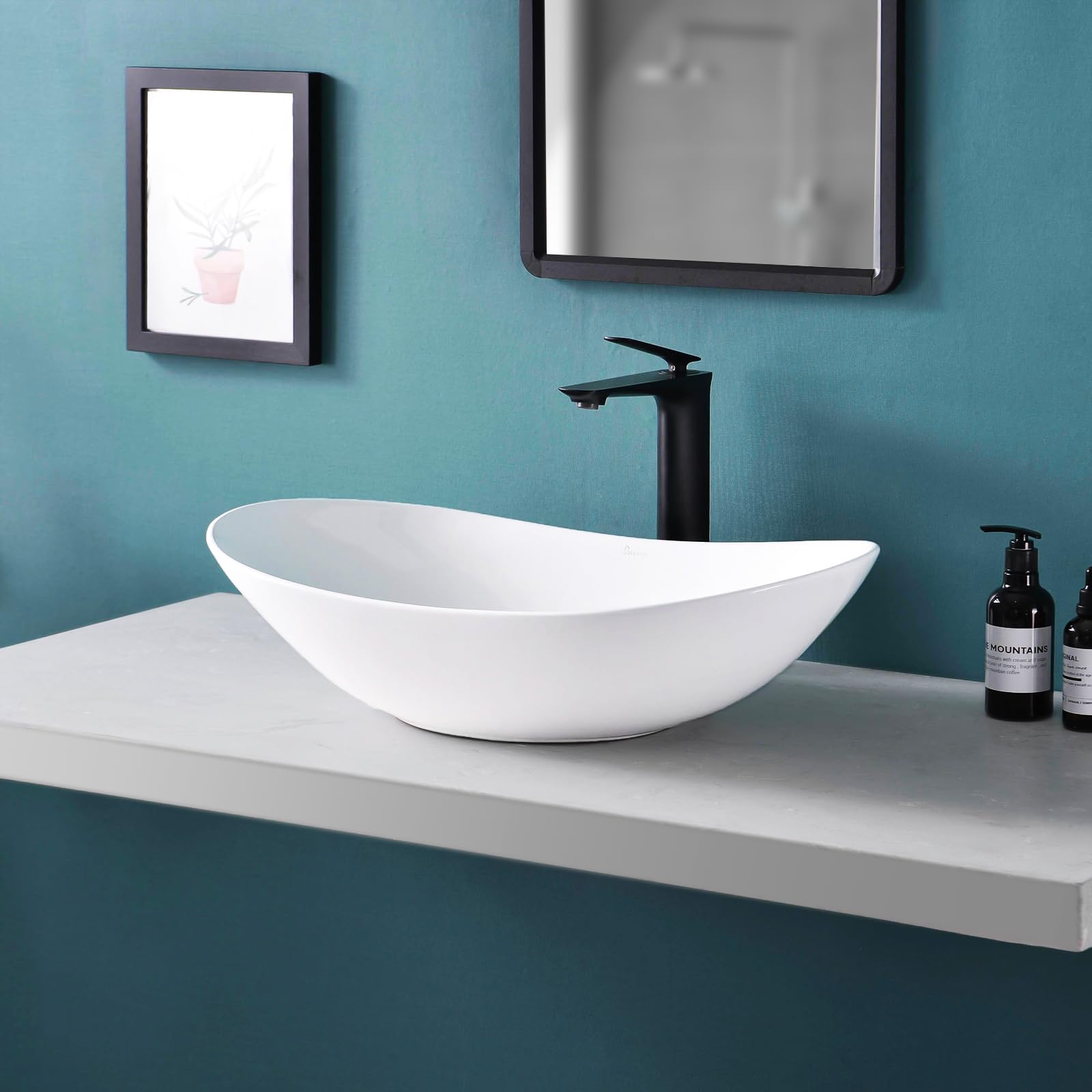 Fregadero ovalado grande de 24 x 13.8 pulgadas con drenaje desplegable, fregaderos de baño, lavabos de baño sobre encimera, fregadero de recipiente blanco, fregadero de cerámica y cuencos 9