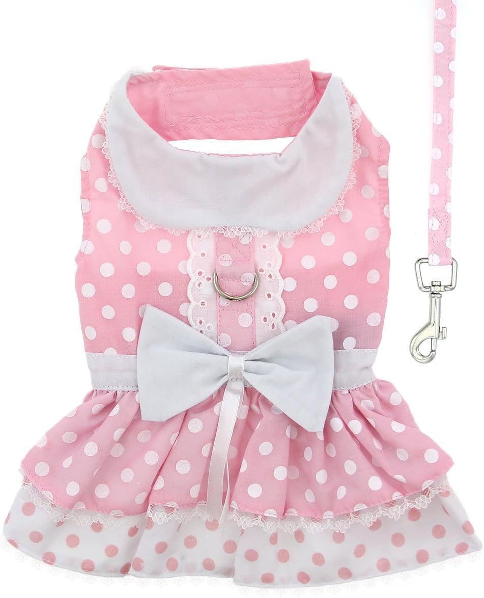 DOGGIE DESIGN Pink Polka Dot and Lace Dog Harness Dress Set (Small)