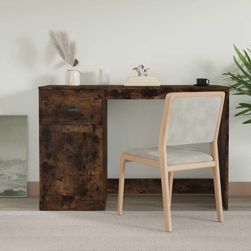 Scrivania in legno di rovere affumicato, 115 x 50 x 75 cm, con cassetto e porta, scrivania per computer per ufficio, ufficio, studio, segretario di lavoro per appartamento e camera degli