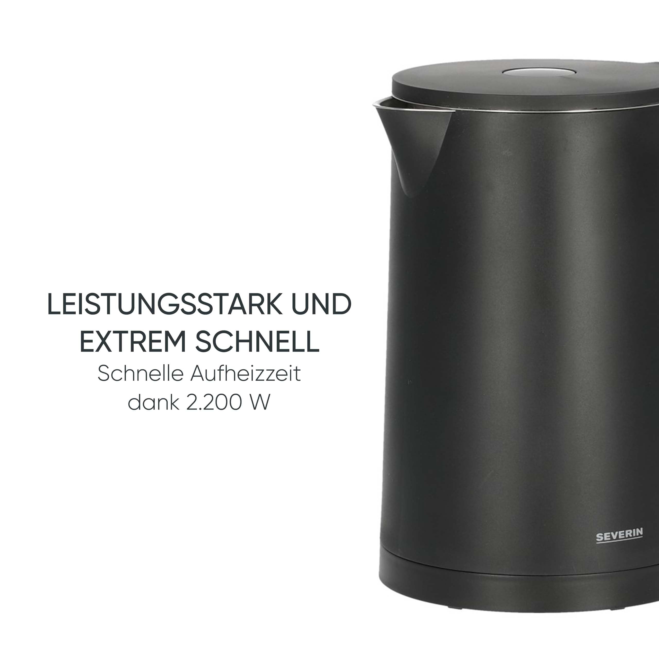 SEVERIN Cool-Touch Wasserkocher, doppelwandiger Wasserkocher, farbige LED-Temperatur-Rückmeldung im Griff, mit Warmhaltefunktion und Abschaltautomatik, schwarz, 1,7 L Kapazität, 2.200 W, WK 3484