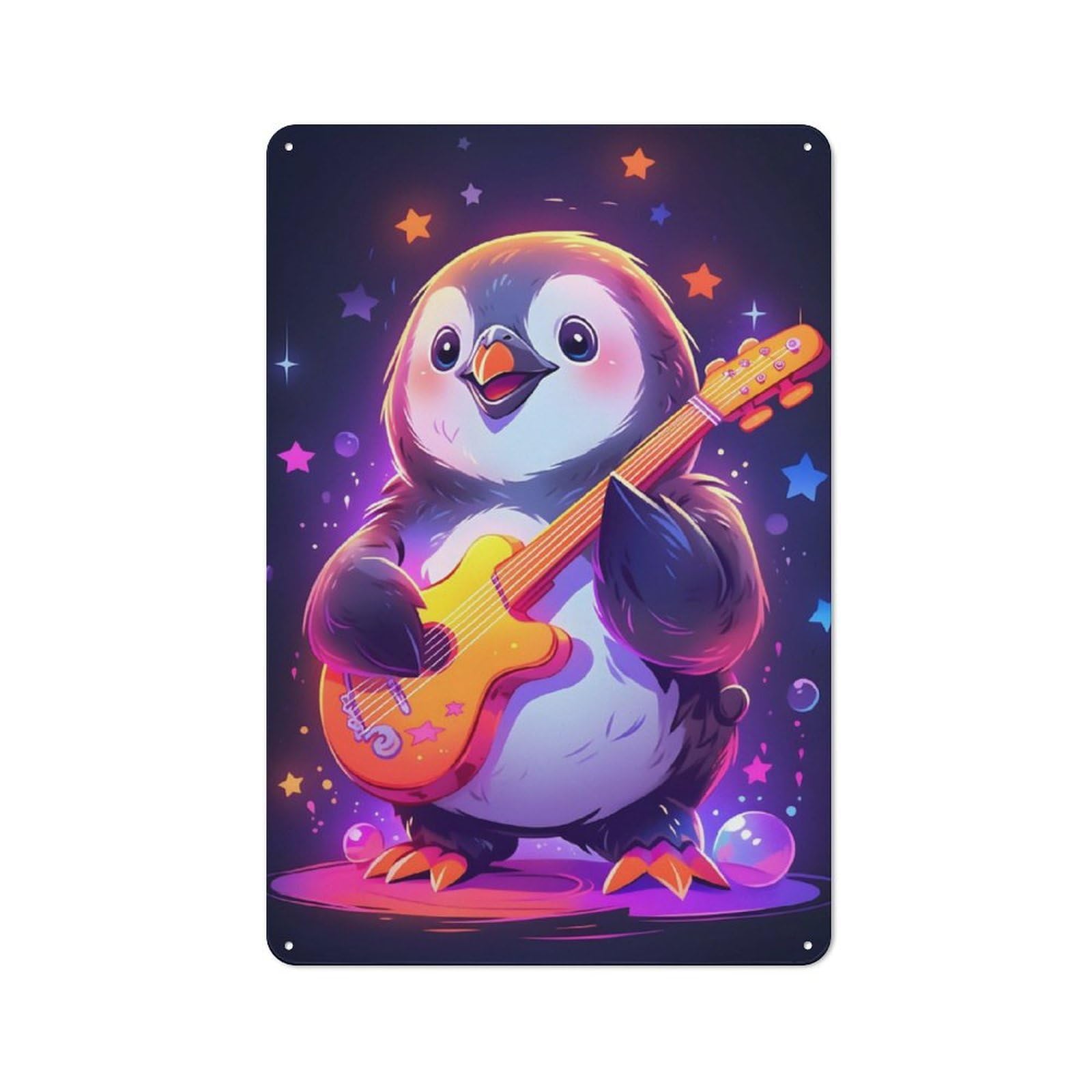 Junmoney Penguin Guitarist For Lounge Or Reading Corner, Vintage Metal Sign 30X20cm, For Cooler-Season Styling In Lounge And Reading Corner