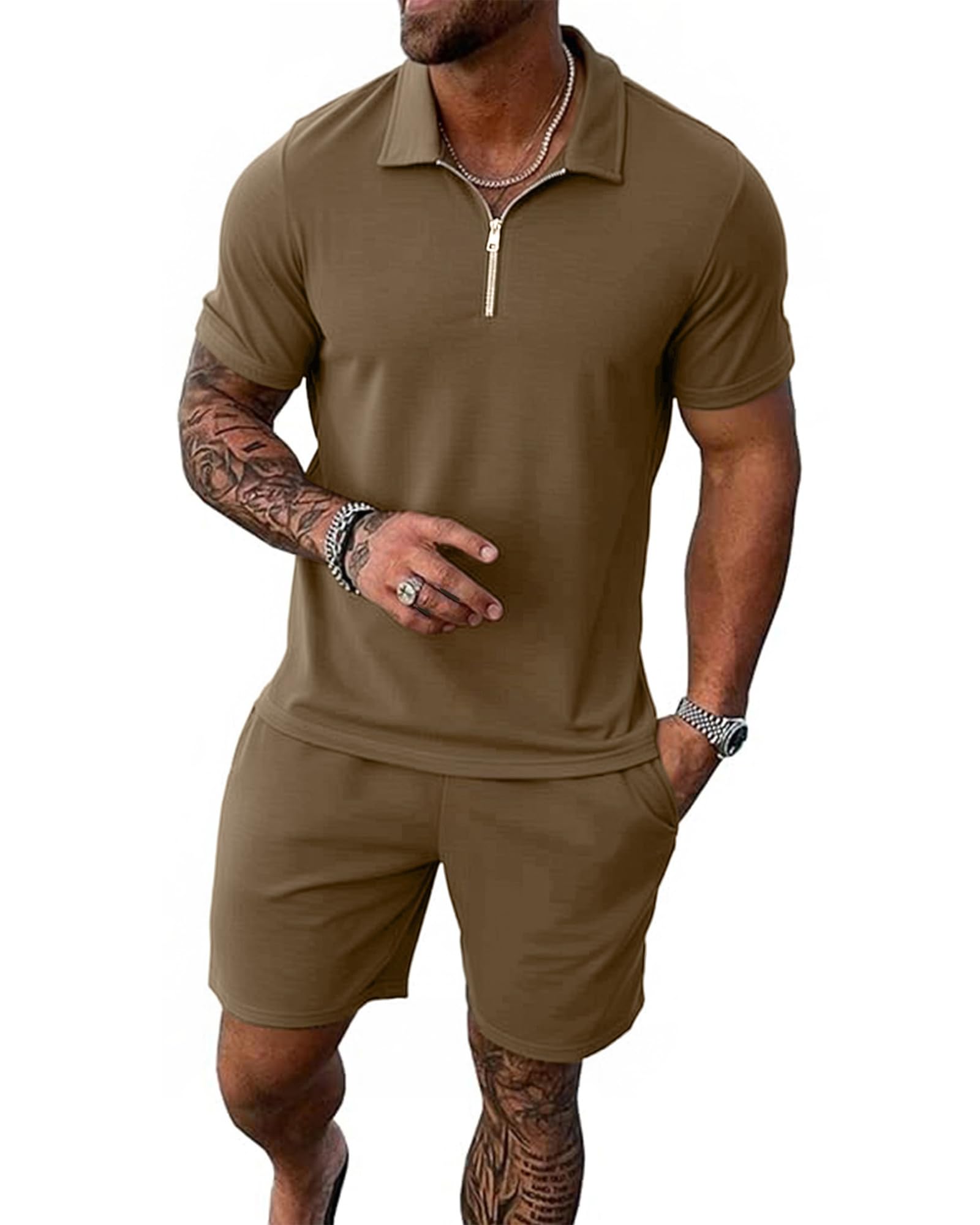 Uni Clau Mens Summer Track Suits 2 Piece Shorts Sets Short Sleeve Sweatsuit Outfits Zip Golf Casual Polo Shirts and Shorts