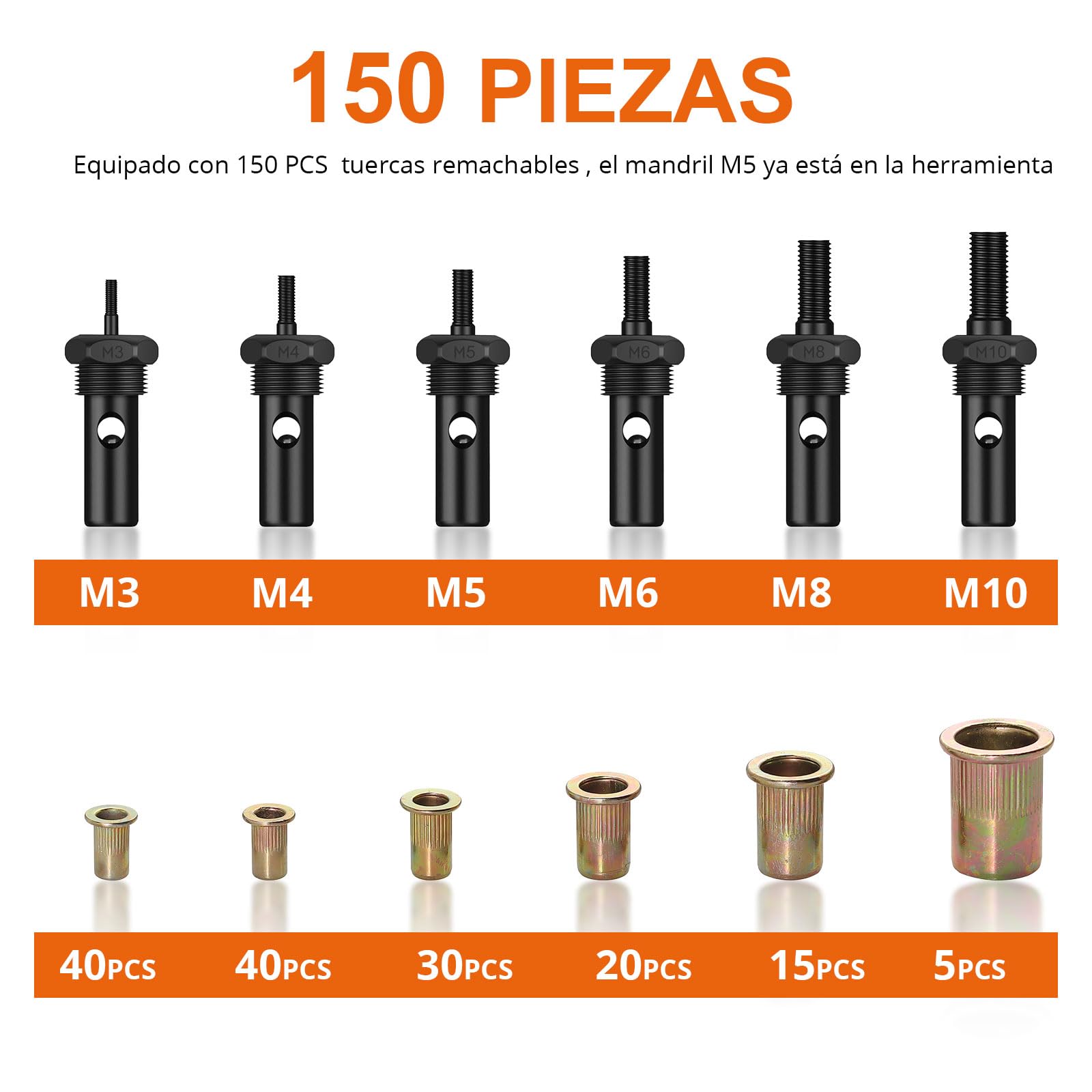 Proster Remachadora de Tuerca 14", Remachadora Manual con 150pcs Tuercas de Remache y 6 Mandriles Intercambiables M3 M4 M5 M6 M8 M10 Pistola Remachadora Profesional que Ahorra Mano de Obra con Caja