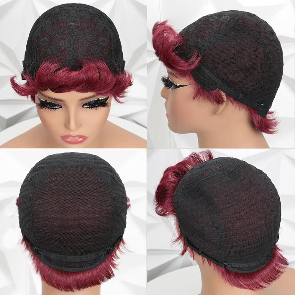 Accessori Parrucche Parrucca Corta Per Capelli Umani Bordeaux Con Frangia Per Donne Parrucche Complete Senza Colla(Red)