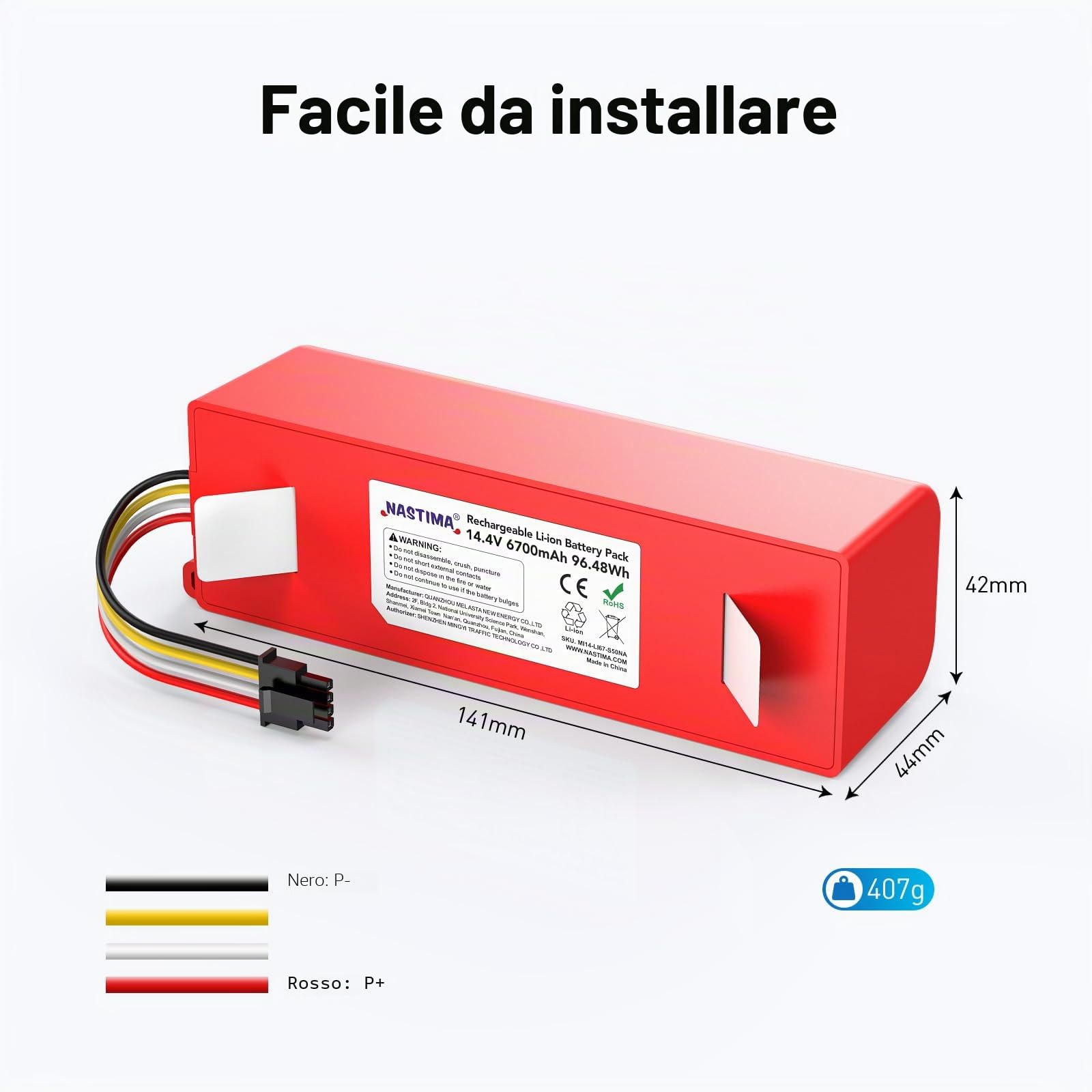 NASTIMA 14,4V 6700mAh 96,48Wh Li-ion Batteria Compatibile con Xiaomi Roborock S50 S51 S52 S53 S55 S502 S5 Max S6; T6 61 65 Serie Completa, Mijia 1 ° e 2 ° Generazione Batteria di Ricambio con BMS