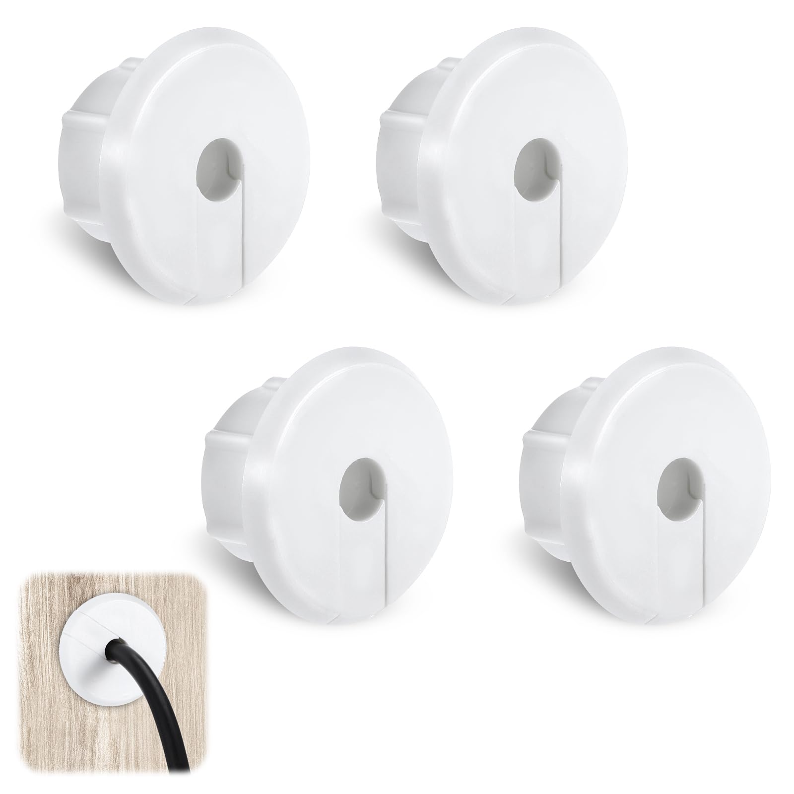 4Pcs Wall Cable Pass Through Grommet, 1'' Plastic Cable Feed Through Bushing, Compatible Wall Hole Cable Routing Kit, Cords Hole Covers Wall Bushing Grommet for Cables Wires Furniture (White)