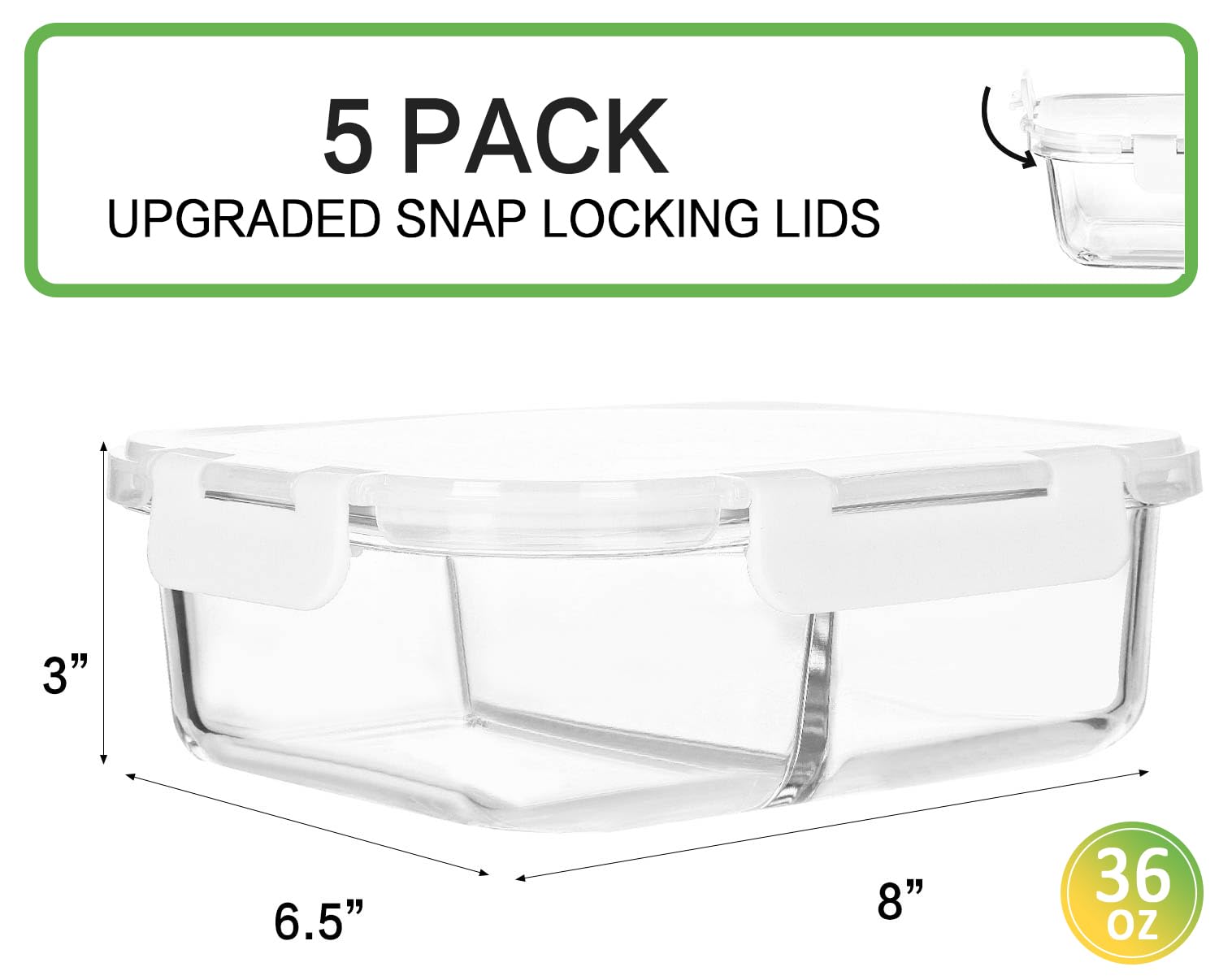 Glasbehälter für Mahlzeiten mit Schnappverschlussdeckel, luftdichter Lunchbehälter, Mikrowelle, Ofen, Gefrierschrank und Spülmaschine (4,5 Tasse, WeiÃŸ), 5 Stück