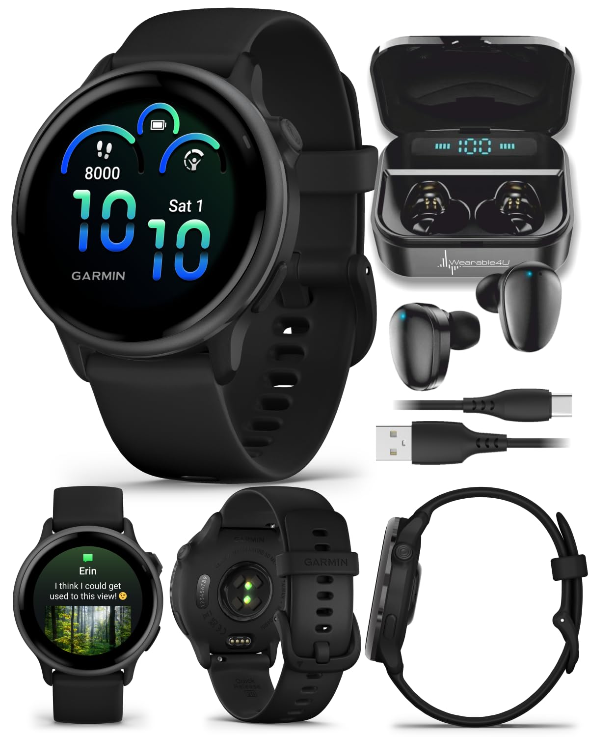 Wearable4UGarmin Vivoactive 6 - Health & Fitness Smartwatch, 1.2 in Bright AMOLED Display, GPS Sports Tracking, Up to 11 Days of Battery, Slate with Black Band w Black Earbuds Bundle