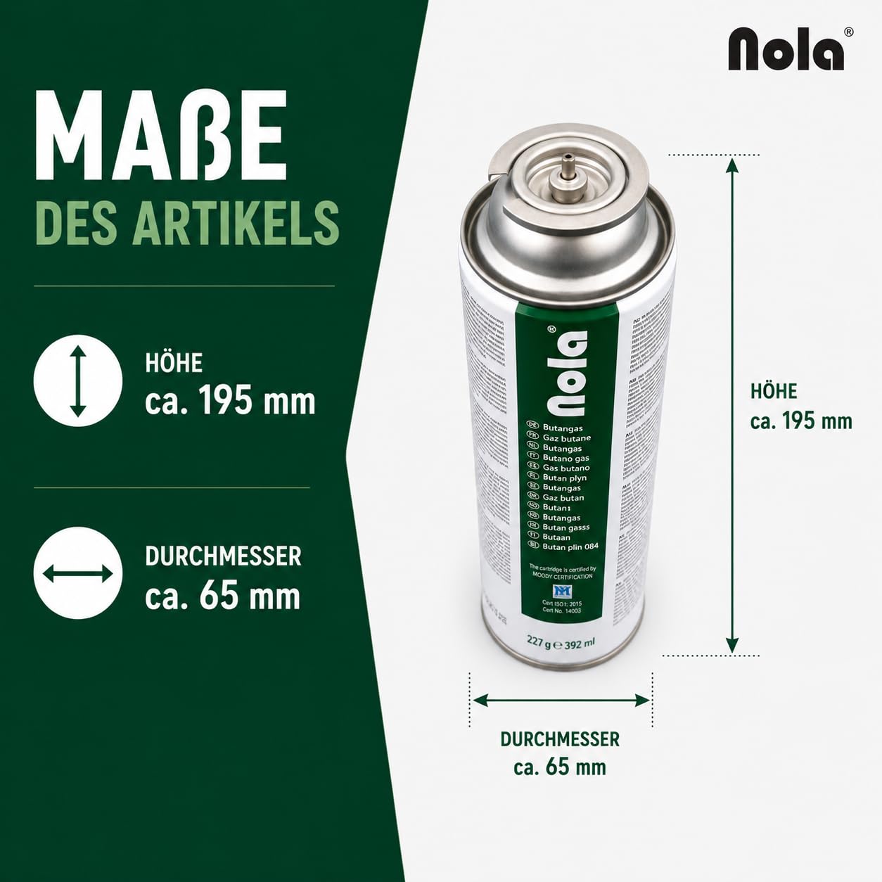 NOLA Lot de 8 cartouches de gaz butane - 227 g - Avec valve (baïonnette) - Cartouches de gaz universelles pour réchaud de camping, chauffage au gaz, désherbeur et appareils d'extérieur - Article 707