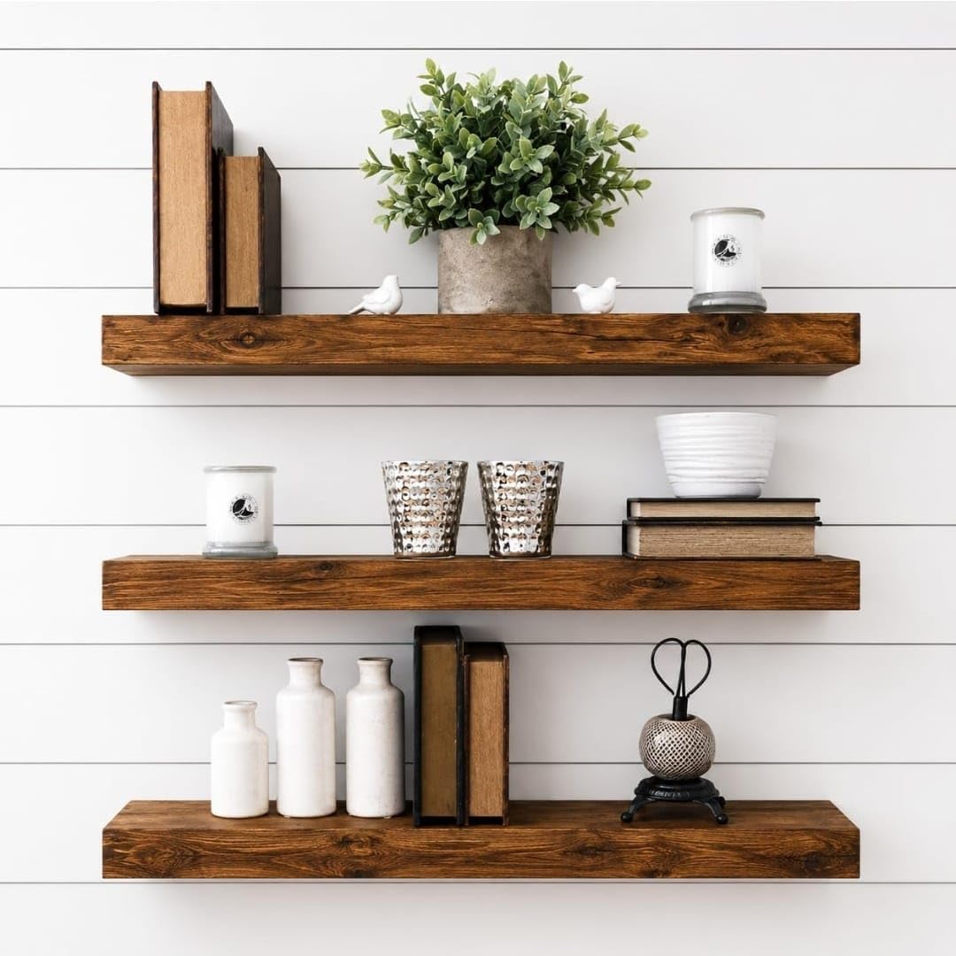 Solid Sheesham Wood Floating Shelves Set of 3 | Rustic Wooden Wall Shelf for Living Room, Bedroom & Kitchen | Wall Mounted Decorative Storage (22 Inch)-image-10