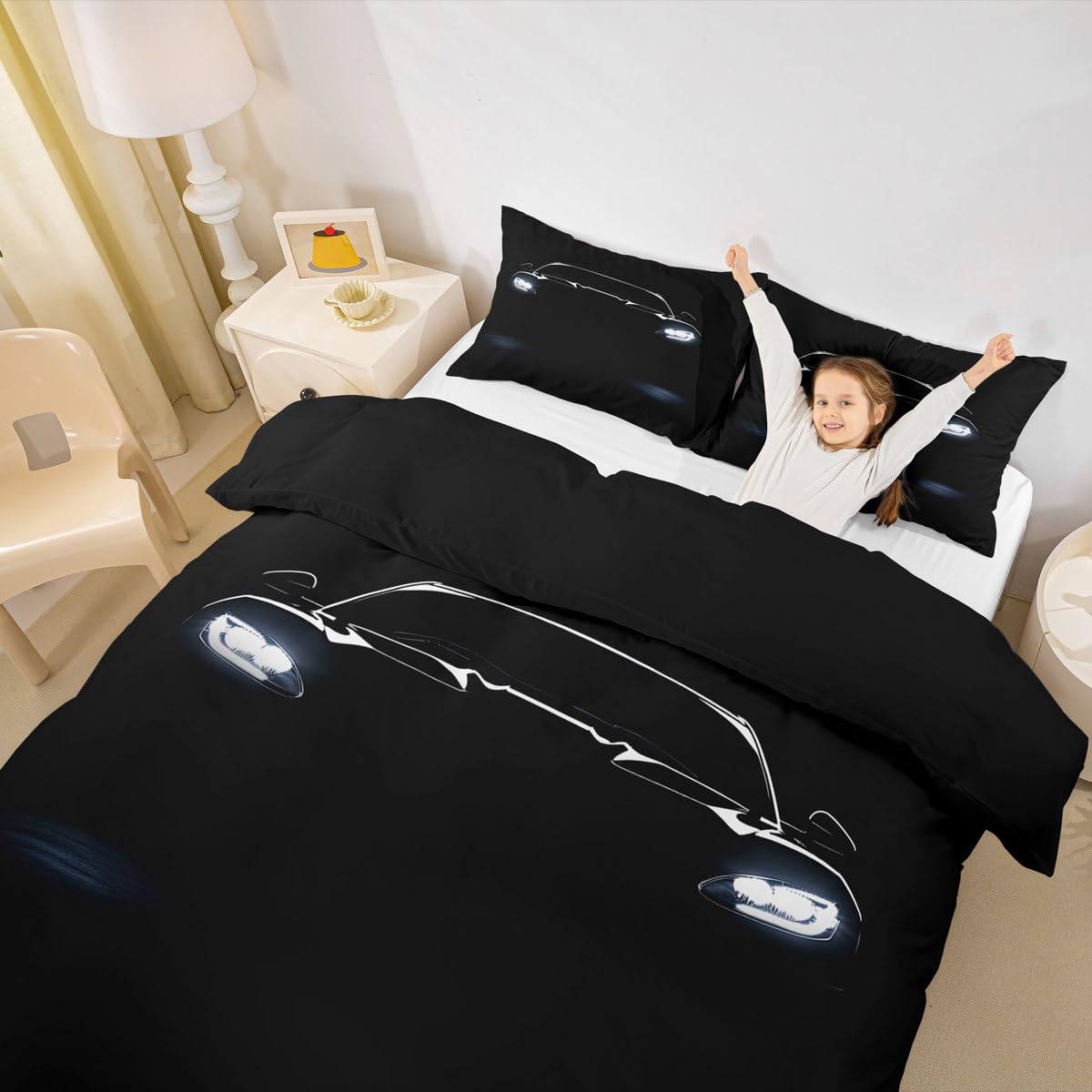 Homewish Set di biancheria da letto per ragazzi con auto da corsa nera
