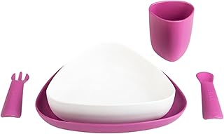 eKoala - eKeat - Juego de primera comida para niños, eKogirl, compuesto por plato plano, plato hondo, vaso, tenedor y cuchara, 100% bioplástico biodegradable, color morado y blanco