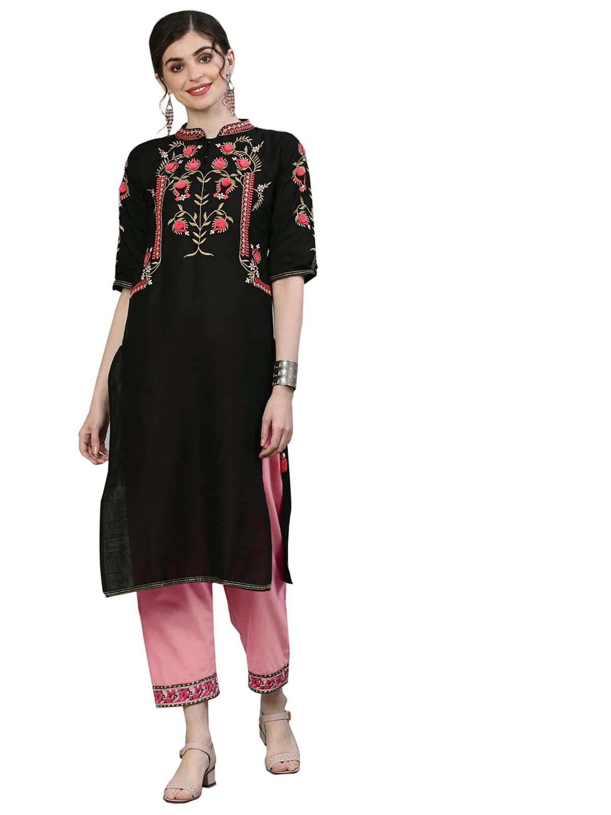 Ishin Women's Cotton Black Embroidered Straight Kurta