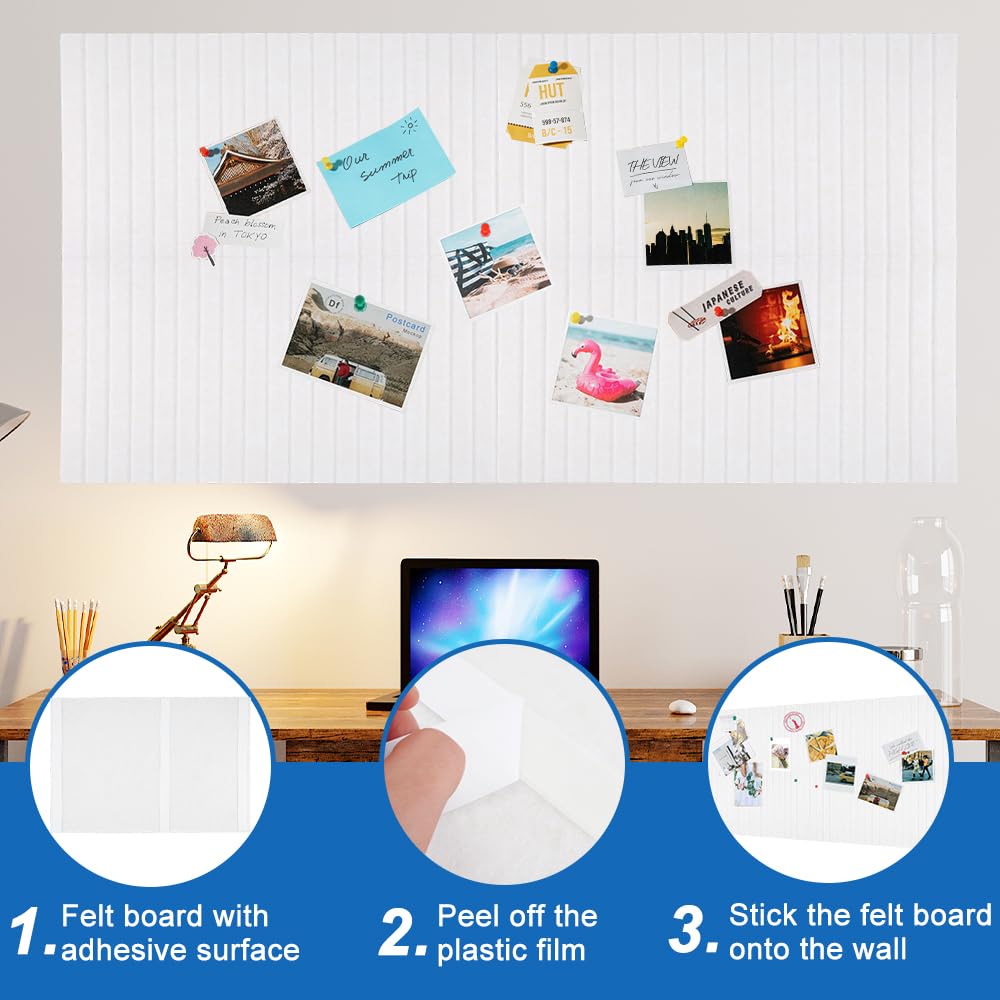 Gran Corcho Pared Autoadhesivo 120x80cm 0,9 cm de Grosor Tablero De Corcho Fieltro, 4 Unidades Tablón De Anuncios 60 x 40cm, Pizarra De Corcho con 40 Chinchetas (Blanco)