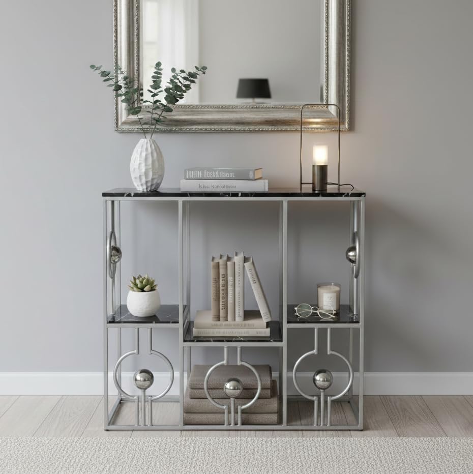 Image of Console Table with Storage, Modern Engineered Wood, Gold Metal Frame with Decorative Spheres, 30x30x7.5 Inch (Gry Black)