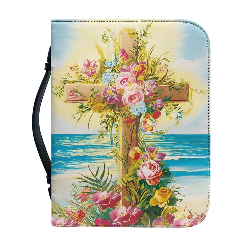 Kuiaobaty Painting Cross Flowers Bible Cover with Handle, Seascape Print Vegan PU Leather Book Cover Case Zipper, Small Large 4 Size,2XL â image 1