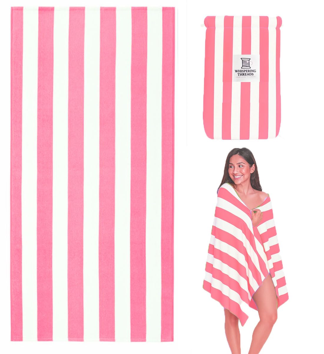 Whispering Threads Large Beach Towel for Adults Highly Absorbent Cabana Microfibre Pool Towel with Bag, Double Sided Print Lightweight Sand Free Bath Towel for Pool Campaign Gym Yoga (180x90cm) Pink