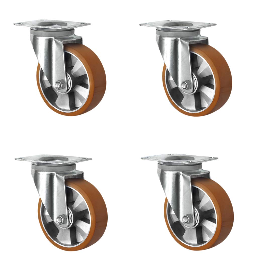 SETSHSH125BAU5D0N - Set di 4 ruote girevoli, cerchioni in alluminio, poliuretano, diametro 125 mm, peso pesante, doppio cuscinetto, portata 1200 kg (confezione da 4)