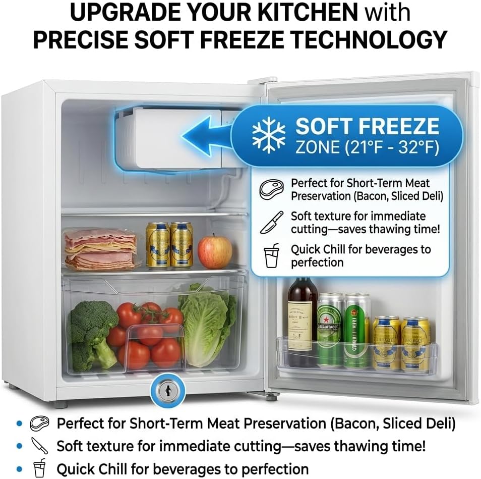 Casanta 50L. Mini Fridge with Lock and Key, Compact Refrigerator with Chiller Compartment, Quiet Energy Efficient Small Fridge for Dorm, Bedroom, Office, RV, Garage - White