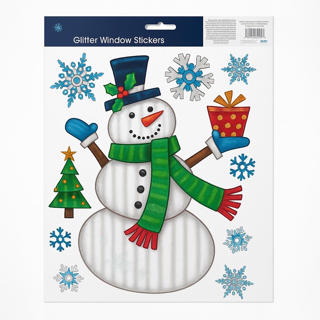 Xmas Figures Glitter Finish Window Stickers 41cm X 29cm Snowman Glitter Window Clings Easy Peel and Stick Christmas Window Decorations for Home, Kids Rooms & Winter Christmas Décor (1pc)