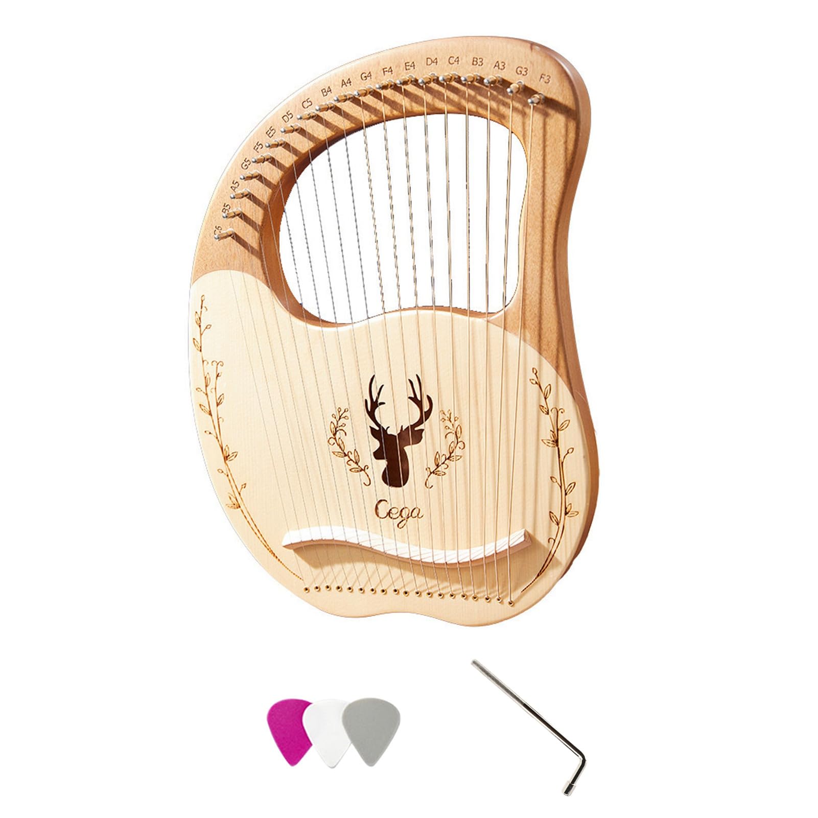 Arpa Lira a 19 Corde Arpa Lira Strumento a Corde Scatola di Risonanza in Legno in Acciaio Note Incise Portatili con Chiave per Accordatura e Guida per Principianti (Naturale)