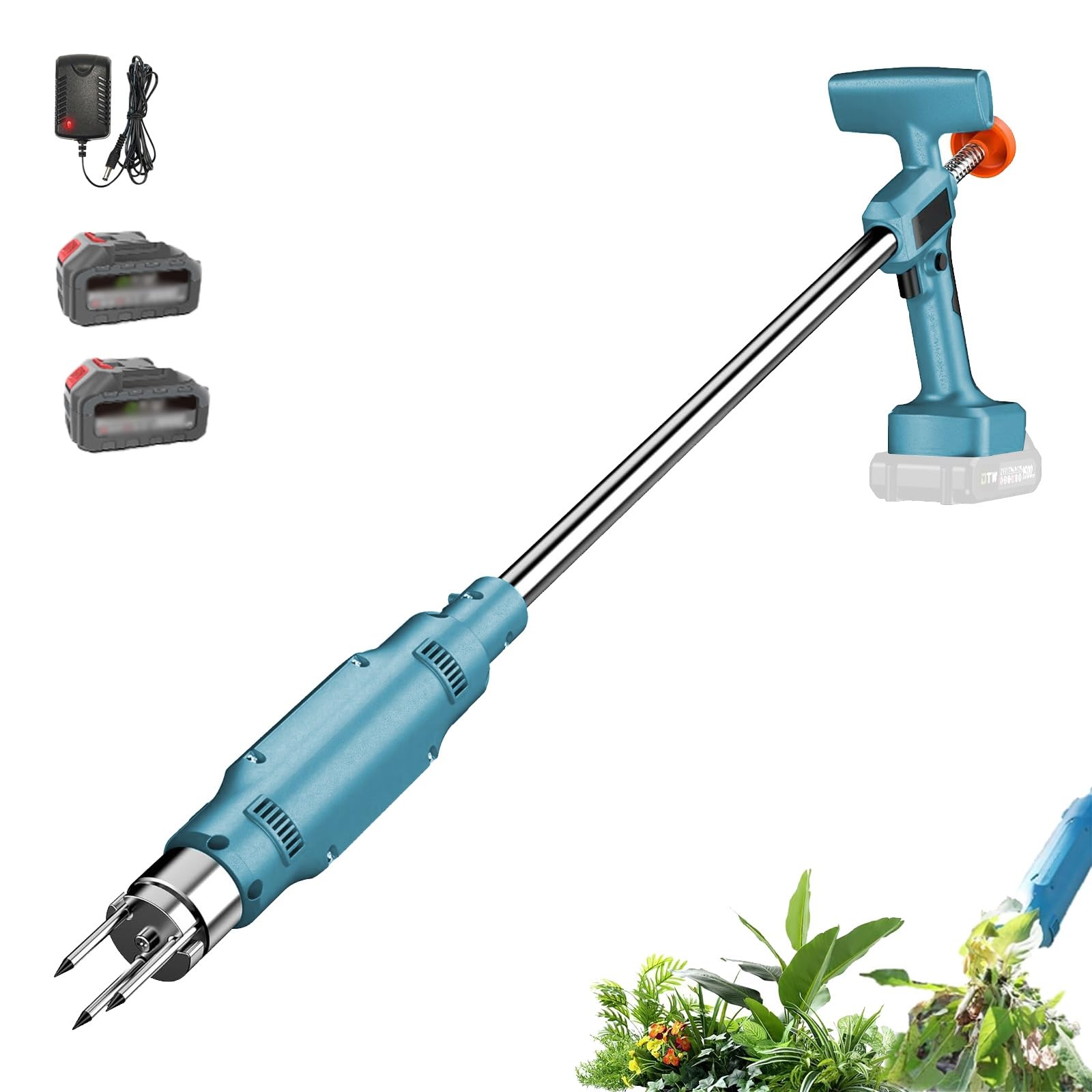 Désherbeur électrique sans fil, avec design à 3 griffes, 2 batteries de 3000 mAh, largeur de travail de 30 cm, longue poignée pour l'entretien de la pelouse et du jardin