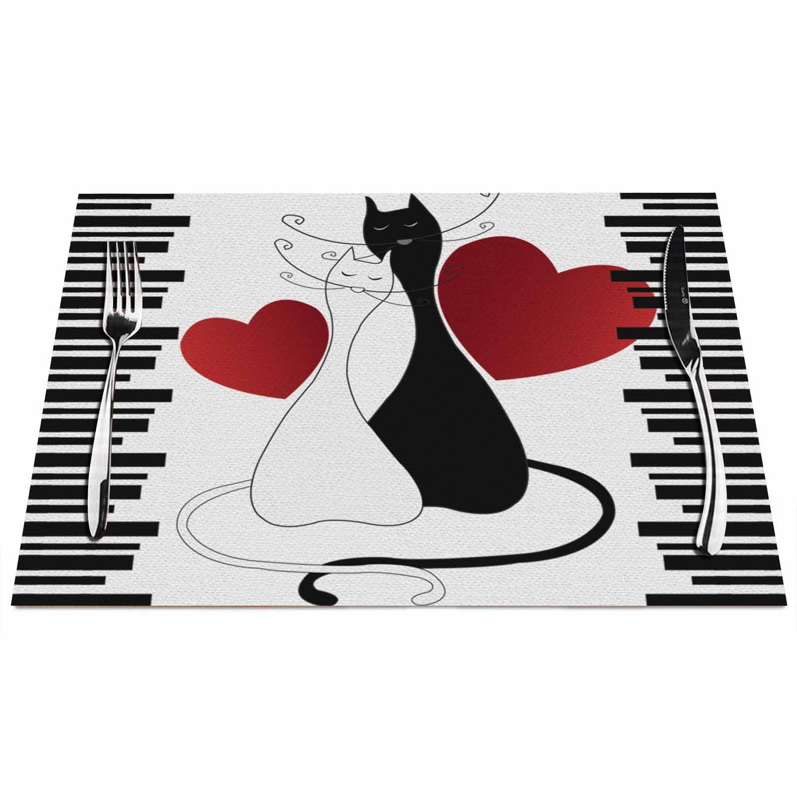 Walmsco Placemats Romantic Black and White Cats Valentine's Day Decor For Dining Room Kitchen Table,Waterproof Non-Slip Washable Heat Resistant Placemats,Set of 4,12"x18"