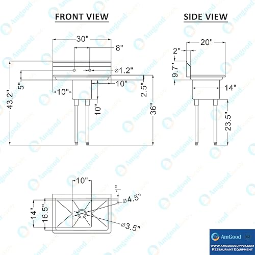 Miniatura 6 de AmGood Fregadero de acero inoxidable para preparación y uso general  Acero inoxidable 304  Restaurante, cocina, lavandería, garaje  NSF (tamaño del
