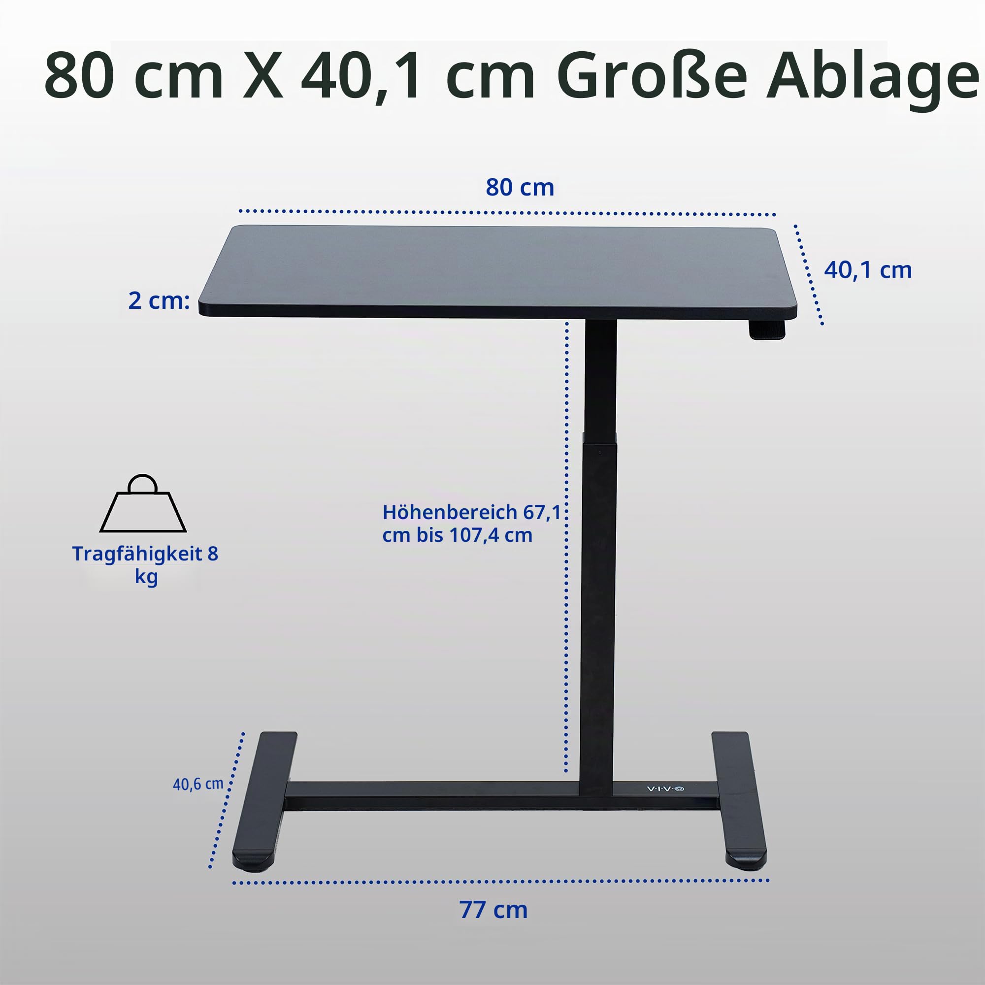 VIVO Pneumatischer Laptoptisch, 81,3 x 40,6 cm, mobiler Desktop mit versteckten Rollen, Nachtwagen, Laptop-Schreibtisch, medizinischer Schiebebetttisch, schwarz, CART-V02L